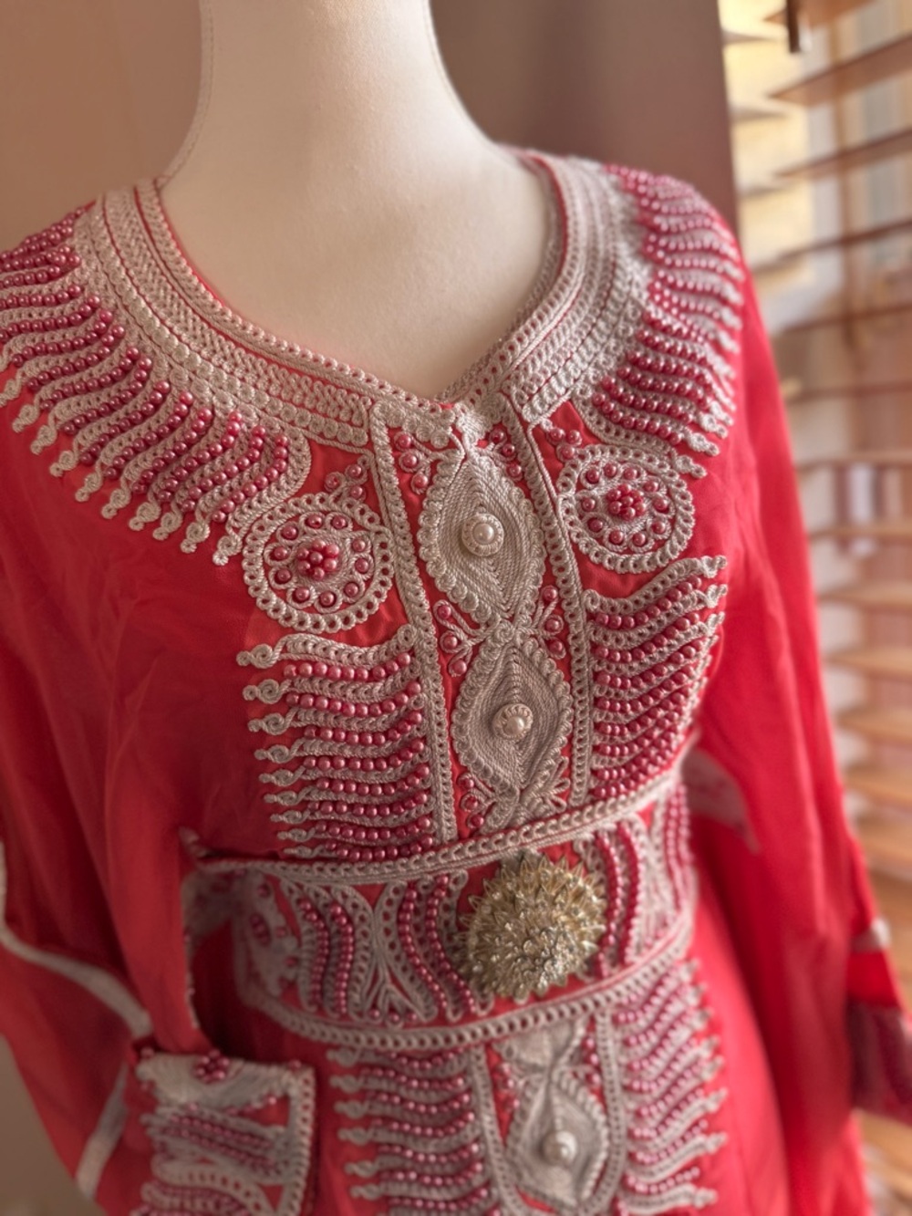 Luxury Moroccan Farasha Kaftan 2-Piece Set – Coral Red Embroidered Dress